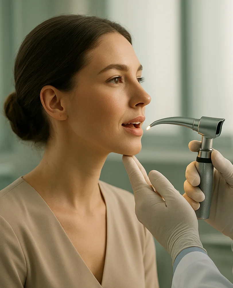 Mujer siendo evaluada con equipo moderno para cirugía de voz en consultorio profesional