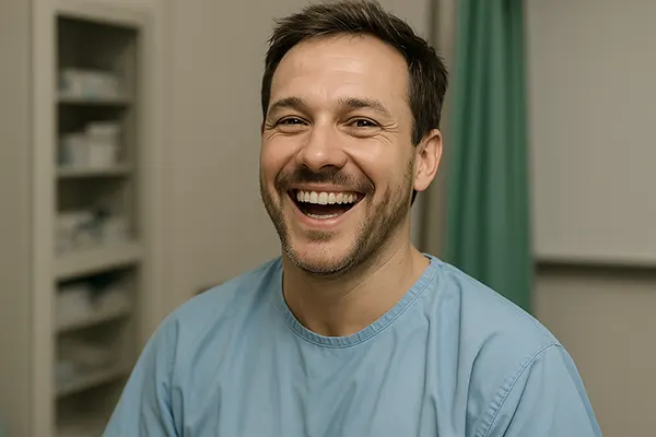 Persona que se realizó una cirugía de voz y está sonriendo en un hospital