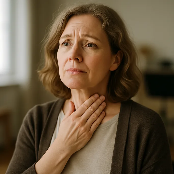 Mujer preocupada tocándose la garganta, posible candidata a cirugía de voz